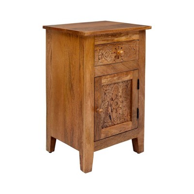 Traditional Hand-Carved Mango Wood Metal Accent Table with Storage
