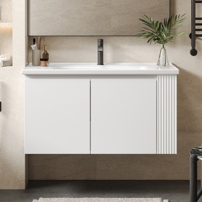 Christopher Knight Home Ray 36" Modern Wall-Mounted Bathroom Vanity with Ceramic Sink and Side Shelves, White