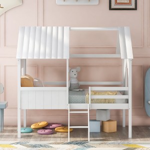 Wood House Bed Twin Size Low Loft Bed with Two Side Windows, Guardrail and Ladder for Girls Boys Kid - 1 of 4