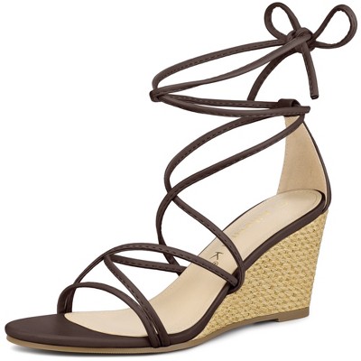 Allegra K Women's Open Toe Lace Up Strappy Bow Back Low Wedges Sandals