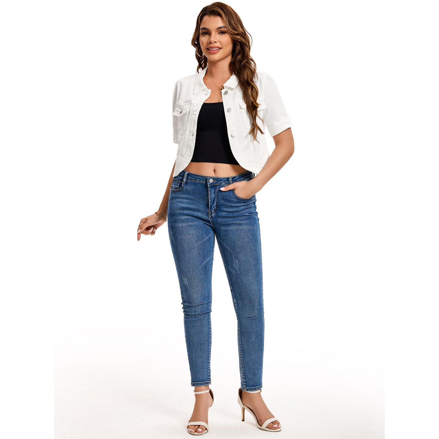 Женская куртка INSPIRE CHIC Short Sleeve Turndown Collar Curve Hem Pockets Denim Cropped Jean Jacket Large White, цвет: Джинсовый — фото 3