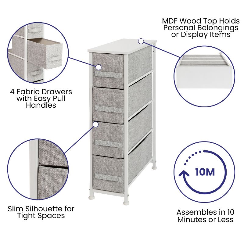 Flash Furniture 4 Drawer Slim Wood Top Cast Iron Frame Vertical Storage Dresser with Easy Pull Fabric Drawers, 3 of 12