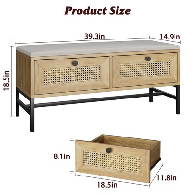 Homhougo Rattan Shoe Bench Entryway Bench with Storage Drawer, Wooden Storage Bench with Linen Seat Cushion Gray