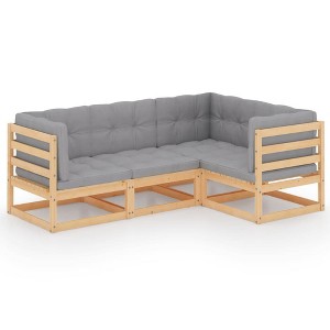 vidaXL Patio Furniture Set 4 Piece Outdoor Sectional Sofa Solid Wood Pine - Natural With Cushions - 1 of 4