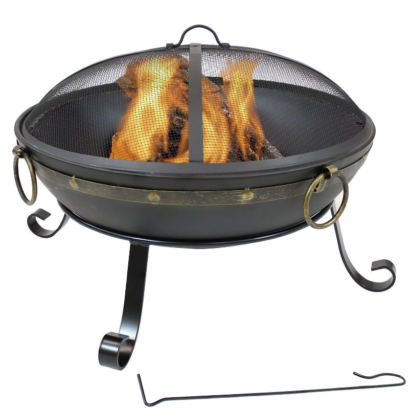 Sunnydaze Outdoor Camping or Backyard Steel Victorian Fire Pit Bowl with Handles and Spark Screen - 25" - Black, 1 of 14