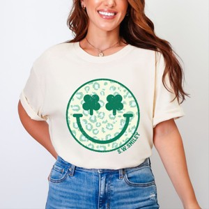 S.W.Smiley Clover Leopard Smiley Face - Women's Garment Dyed Graphic T-Shirt - 1 of 4