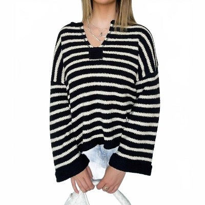 Women's Striped Split Neck Sweater - Blu Pepper