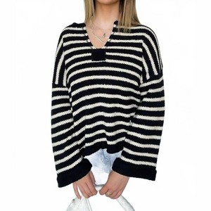Women's Striped Split Neck Sweater - Blu Pepper - 1 of 2
