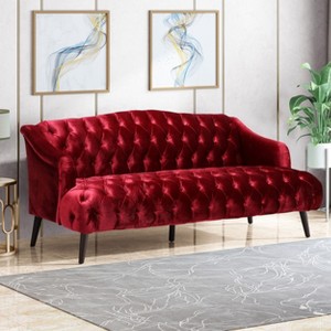 Okak Comfy Velvet Sofa 1pc with Tufted Backrest, Wooden Legs Modern Loveseat Couch 3-seat for Apartments, living Room, Study, Red - 1 of 4