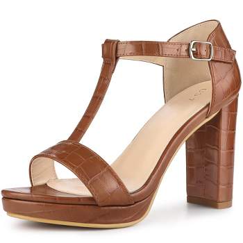 Perphy Women's Platform T-Strap Chunky Heels Ankle Strap Textured Sandals