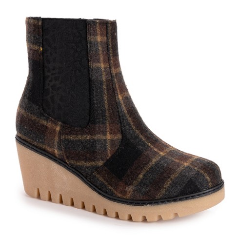 MUK LUKS Women's Vermont Essex Wedge Booties - Black Plaid, 6.5