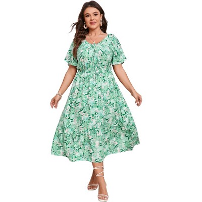 YESFASHION Womens Plus Size Summer Floral Dress V Neck Short Sleeve Tie Front Casual Boho Beach A Line Maxi Dress with Pockets