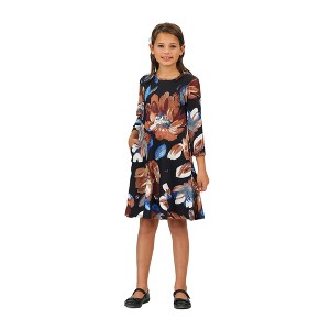 24seven Comfort Apparel Girls Long Sleeve Black Floral Knee Length Pocket Dress - 1 of 4