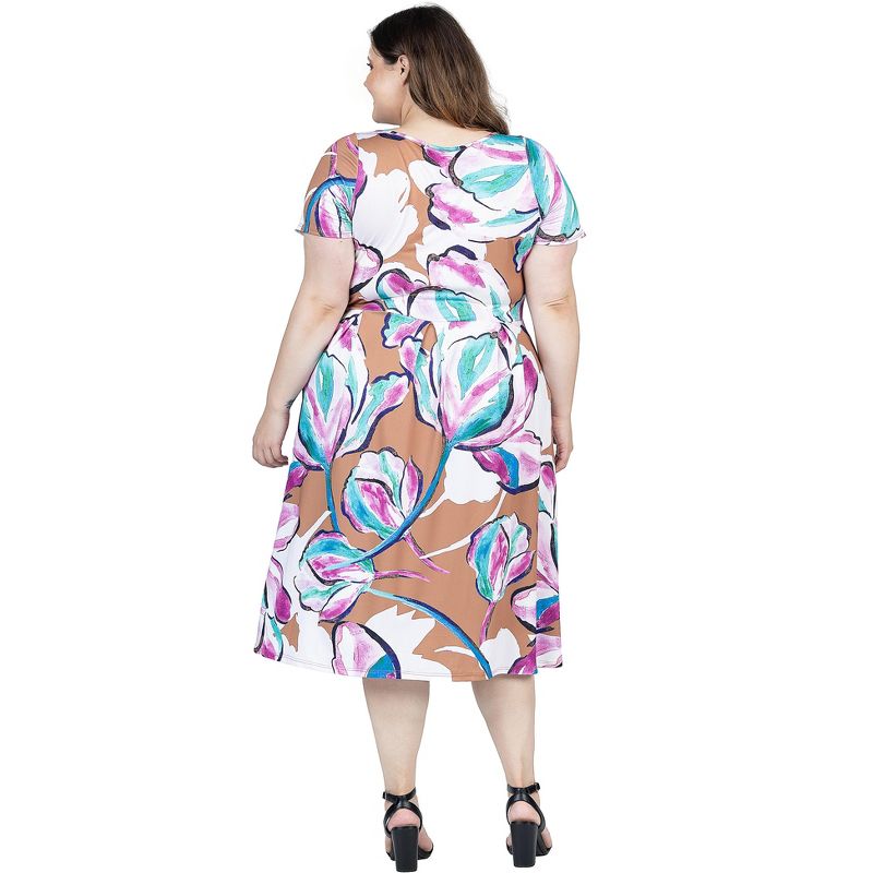 24seven Comfort Apparel Plus Size Abstract Floral Short Sleeve Pleated Flare Midi Pocket Dress, 3 of 7