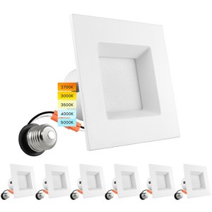 Luxrite 4 Inch Square Recessed LED Can Lights, 5CCT 2700K-5000K, Dimmable Lights, 750 Lumens, CRI90, Energy Star, Wet Rated 6 Pack - 1 of 4
