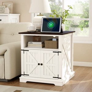 Dyonery End Table with Charging Station, 24 Inch Farmhouse Side Tables Living Room, Wood Rustic Nightstand, Bedside Table for Bedroom, Black - 1 of 4