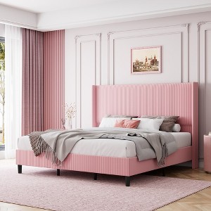 Full/Queen/King Size Bed Frame, Upholstered Platform Velvet Bed Frame with Vertical Channel Tufted Wingback Headboard - 1 of 4