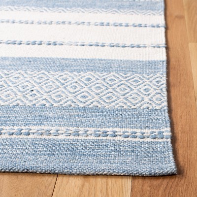 Ivory and Blue Striped Kilim 8' x 10' Handwoven Wool-Cotton Rug