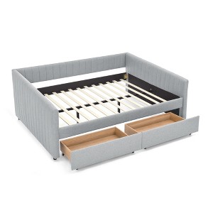 Gulches Queen Size Upholstered Daybed with Two Drawers Trundle Vertical Stripes Linen Fabric Grey for Bedroom Living Room Office Cafe - 1 of 4