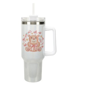 Elanze Designs 40 Ounce Stainless Steel Double Wall Insulated Glitter Travel Tumbler With Handle, Straw, and Lid, Girl Teddy Bear White - 1 of 1