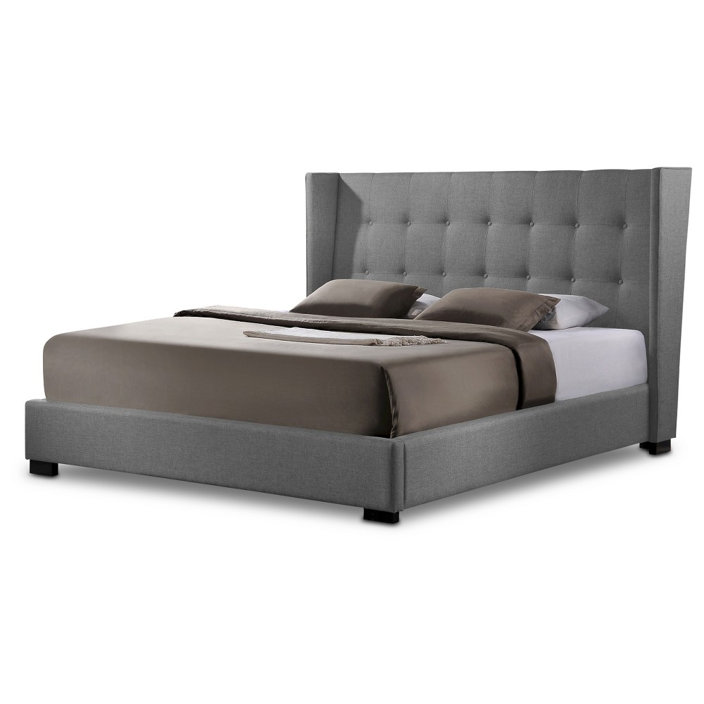 Photos - Bed Frame King Favela Linen Modern Bed with Upholstered Headboard Gray - Baxton Stud