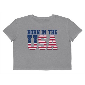 Rerun Island Women's Born In The Usa Flag Logo White Americana 4Th Of July Short Sleeve Graphic Cotton Cropped Loose T-shirt - Athletic Heather L - 1 of 4