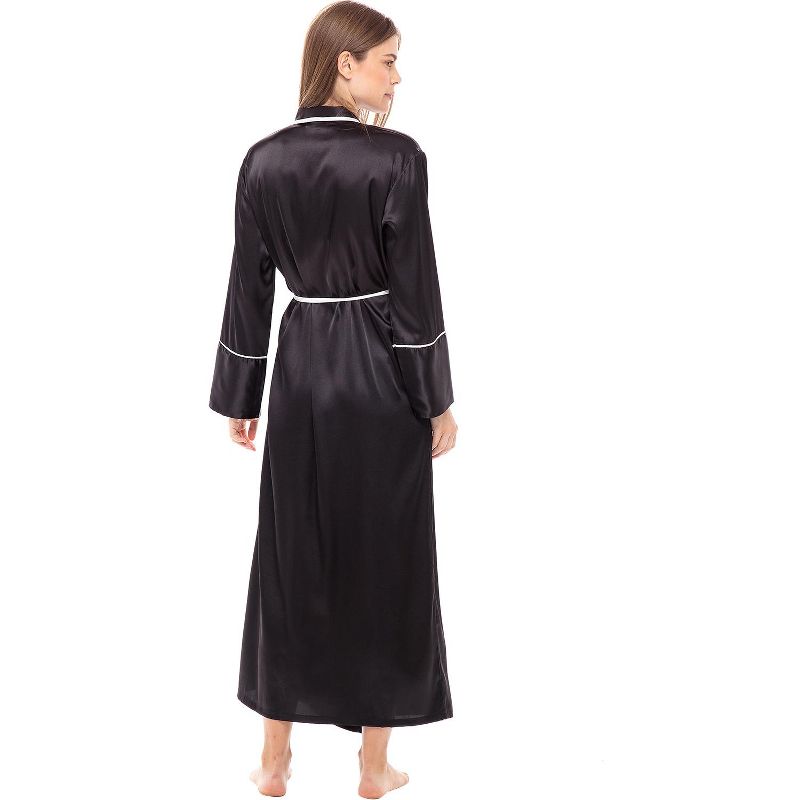 Women's Long Satin Robe with Contrast Piping- Tie Belt, Pockets, Full Length, 2 of 7