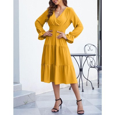 Coolmee Women's Bohemian Dress Casual Long Sleeve V Neck Dress Floral Flowy Maxi Dresses Tiered Cocktail Dress