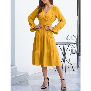 Coolmee Women's Bohemian Dress Casual Long Sleeve V Neck Dress Floral Flowy Maxi Dresses Tiered Cocktail Dress - 1 of 4