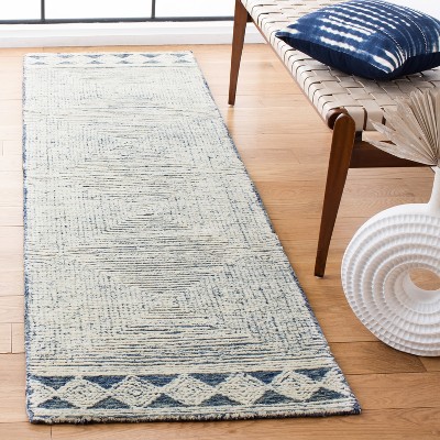 Ivory and Navy Hand-Tufted Wool Abstract Runner Rug