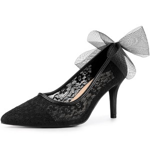 Perphy Women's Pointed Toe Breathable Lace Back Bow Decor Stiletto Heel Pumps - 1 of 4