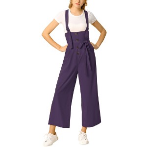 Allegra K Women's High Waist Wide Leg Belted Button Long Overalls Jumpsuit - 1 of 4