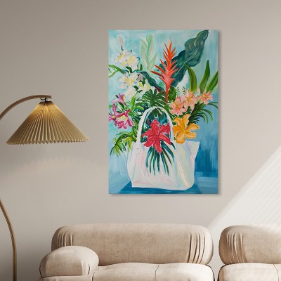 Large Tropical Flower Bag Canvas Art in Vibrant Colors