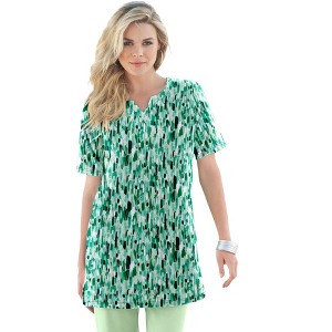Roaman's Women's Plus Size Print Notch Neck Soft Knit Tunic - 1 of 4