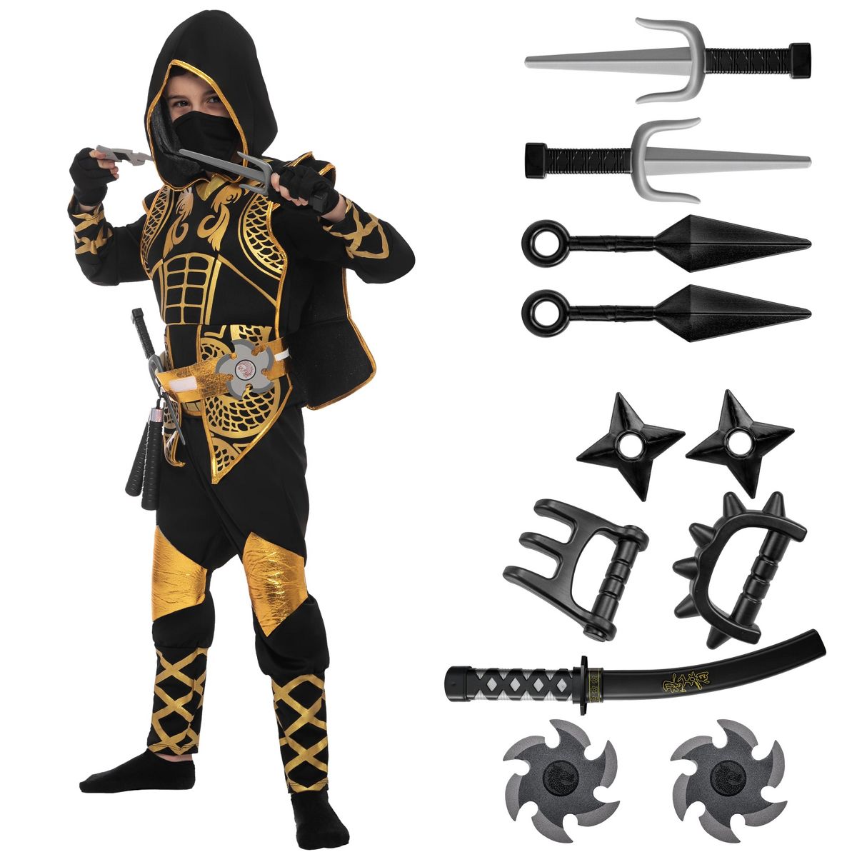 Joyfy Kids' Golden Ninja Halloween Costume Set with Accessories Toys for Kung Fu Outfit Halloween Party - thumbnail 2