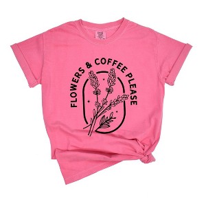 Simply Sage Market Women's Flowers and Coffee Please Short Sleeve Garment Dyed Tee - 1 of 2
