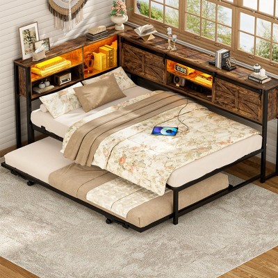 Aheaplus L-Shaped DayBed with Charging Station, Corner Bed Frame with Bookcase and Sliding Door