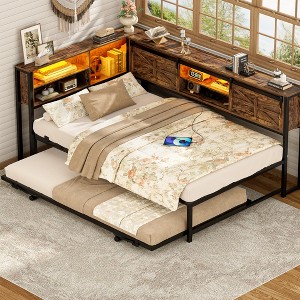 Aheaplus L-Shaped DayBed with Charging Station, Corner Bed Frame with Bookcase and Sliding Door - 1 of 4