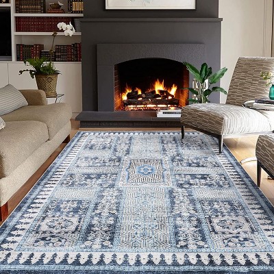 Vintage Washable Area Rug, Low Pile Distressed Carpet, Non-Slip, Stain-Resistant, Foldable Floral Throw Rug, Living/Dining/Bedroom