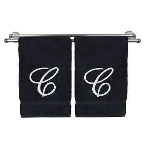 BC BARE COTTON Monogrammed Hand Towel, 100% Turkish Cotton - Set of 2 - Black - White Script - 1 of 4