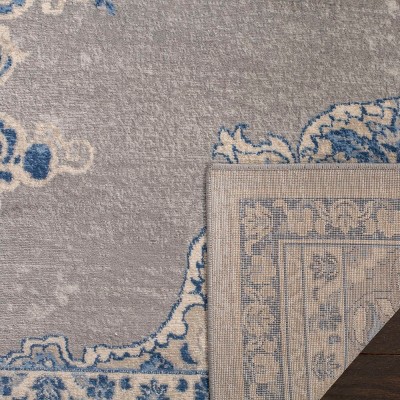 Gray and Blue Floral Medallion Rectangular Area Rug