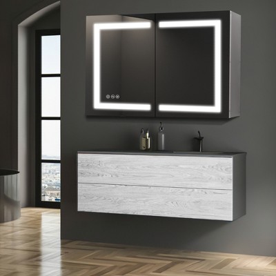 HBEZON Medicine Cabinet with Mirrors and Lights, Wall Mount Lighted Bathroom Cabinet, Defogger, Dimmable, Aluminum, Silver