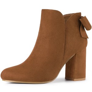 Allegra K Women's Round Toe Bow Decor Chunky Heel Ankle Boots - 1 of 4