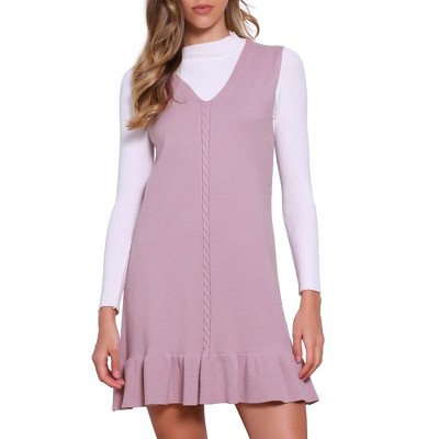 INSPIRE CHIC Women's V Neck Ruffle Hem Sleeveless Pullover Knit Sweater Vest Dress Small Dusty Pink