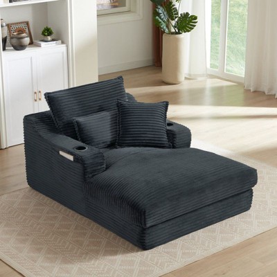 Pexfix 47" Oversized Chaise Lounge Chair Fluffy Corduroy Boneless Sleeper Sofa Couch with Cupholders and 3 Throw Pillows for Living Room Dark Gray