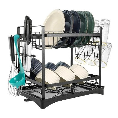 LunaLulinlk 2 Tier Dish Drying Rack - Stainless Steel Dish Racks for Kitchen Counter with Drainboard and Cutlery Holder, Large, Black