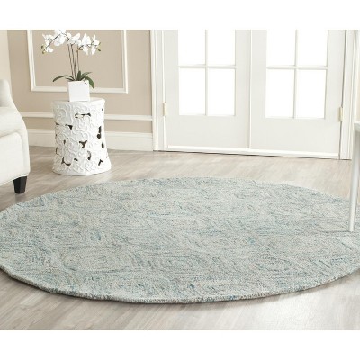 Ivory and Sea Blue Round Wool Geometric Area Rug, 6 ft.