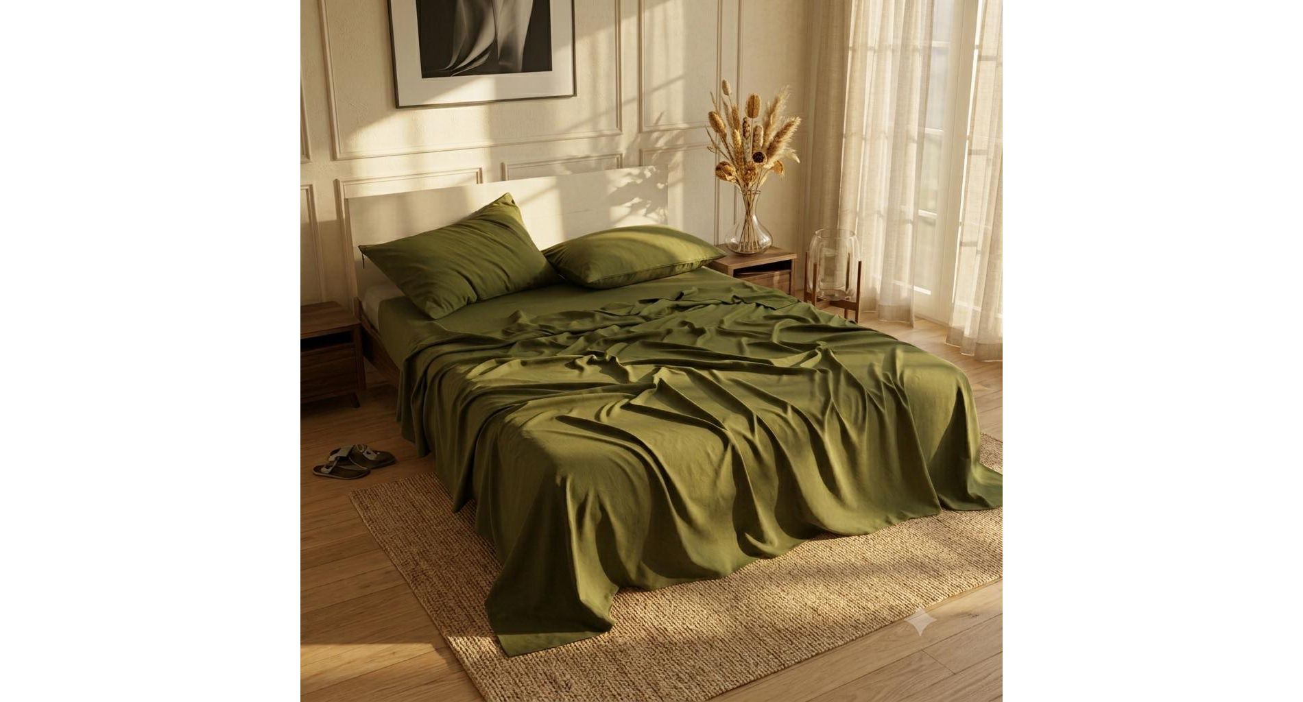 Bamboo Bed Sheets Set, Ultra Breathable & Cooling Bedding Set with 1 Deep Pocket Fitted Sheet & 1 Flat Sheet & 2 Envelope Pillowcases,Army Green