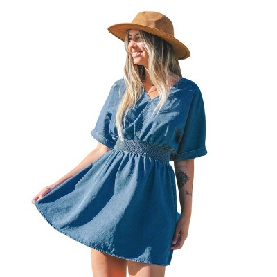 Women's Denim V-Neck Smocked Elastic Waist Mini Dress - Cupshe