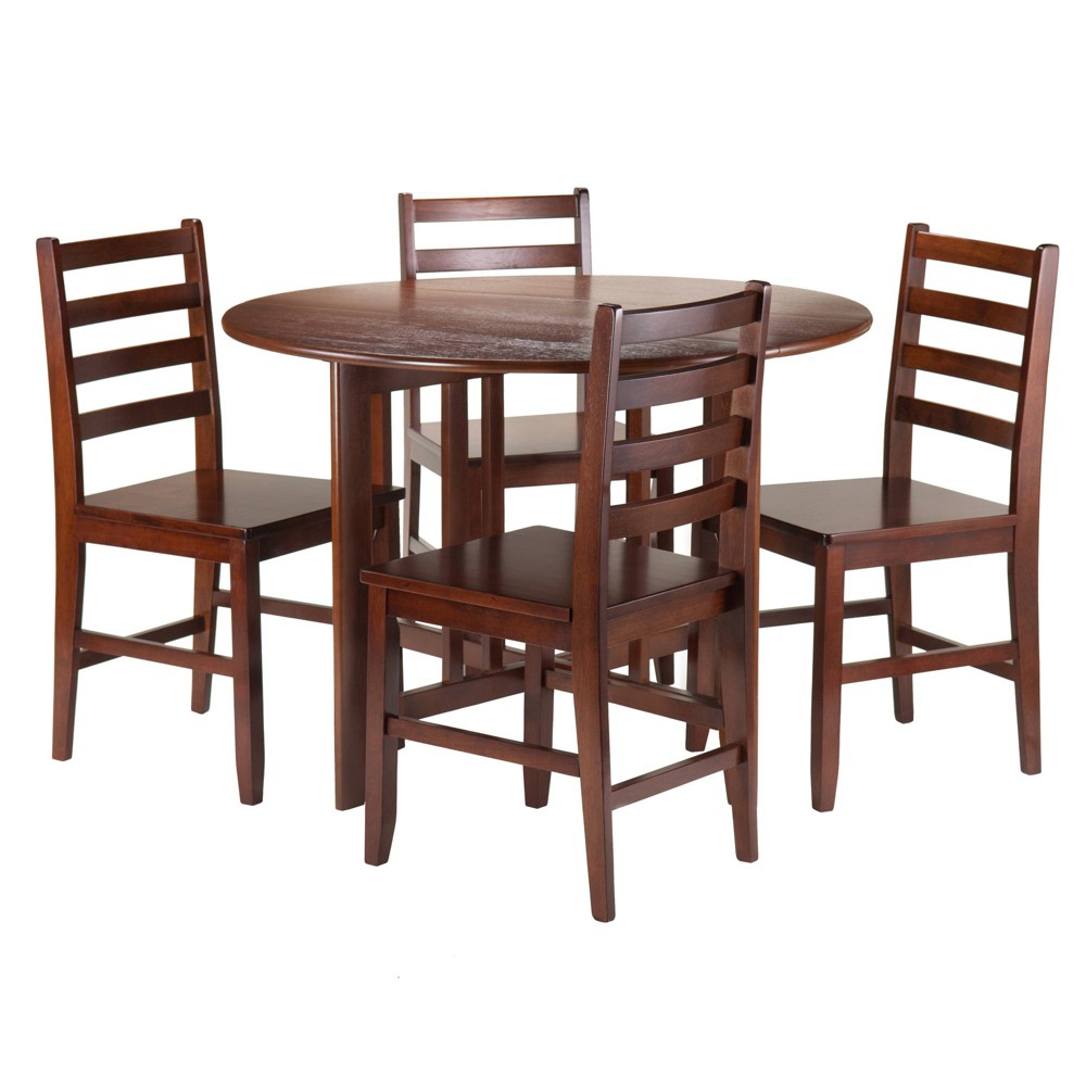 Photos - Dining Table Winsome 5pc Alamo Drop Leaf Dining Set with Ladder Back Chairs Wood/Walnut: Round Breakfast Table, 4-Seat Room Furniture